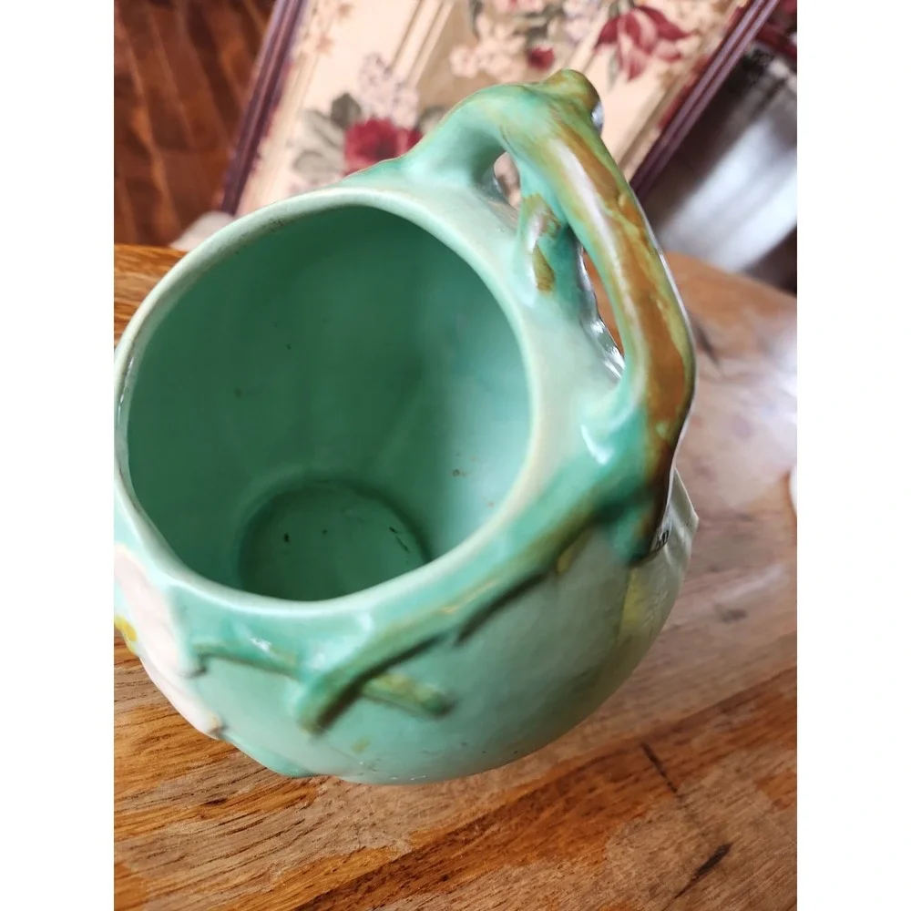 Vintage Weller Art Pottery Wild Rose Matte Green / Blue Basket Vase